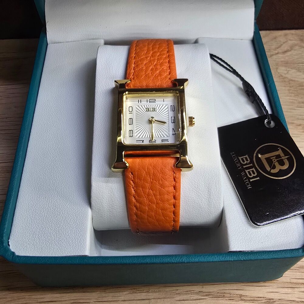 BIBI Luxury Women’s Gold Tone Orange Leather Watch New in Box